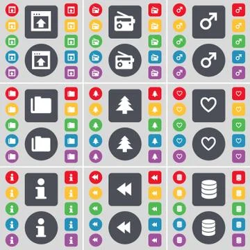 Window, Radio, Mars symbol, Folder, Firtree, Heart, Information, Rewind, Databas Stock Illustration
