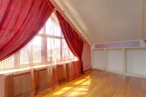 Window with Red curtains. show a modern window in a house Stock Photos