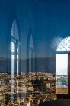 Window reflection inside of St. Pierre Cathedral in Geneva, Switzerland Stock Photos