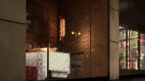 Window reflection shows interior design and lighting at a city location Stock Footage 342049316
