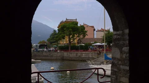 A window on the road wall with view to the Como lake and hotel Olivedo Stock Footage 151496776