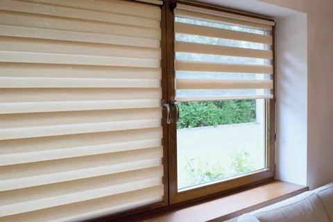 Window roller, duo system day and night.  Cozy home interior. 库存照片