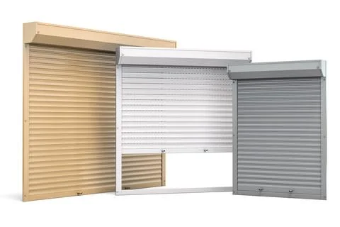Window roller shutters of different colors isolated on white background. Stock-Illustration