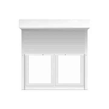 Window with rolling blinds or curtains realistic vector illustration isolated. Ilustración de archivo