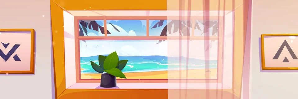 Window of room from inside with view on sea beach Stock Illustration