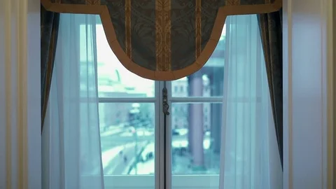 Window in room with view at winter city Stock Footage 73096163
