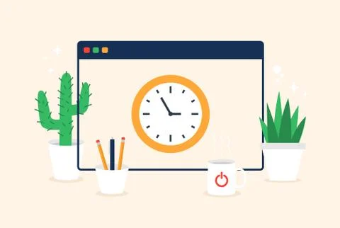 Window screen clock time. Vector color web icons in cartoon flat style. Creat 스톡 일러스트