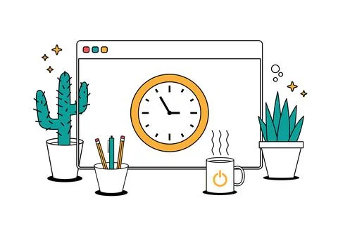 Window screen clock time. Vector color web icons in cartoon line style. Creat Illustrazione stock