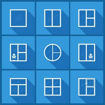 Window set. Flat icons with a long shadows. Front view of plastic windows. Di Stock Illustration