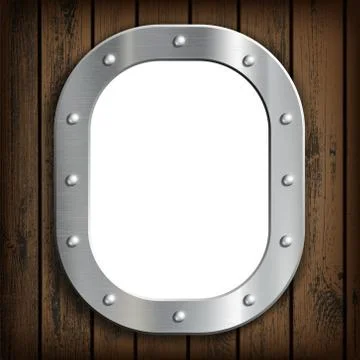 Window ship porthole with white background. On a wooden wall. Stock-Illustration