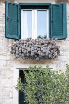 Window Shutter Open With Flower Box Under Terracotta Roof Tiles on Stone Wall Fotos de archivo