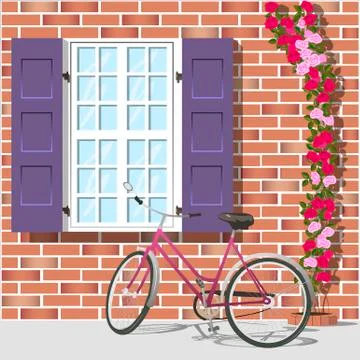 Window with shutters and a bicycle.  Stock Illustration