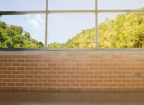 The window sill on the cement wall and the sunny view in the spring on muonta Stock Photos