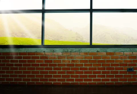 The window sill on the cement wall and the sunny view Rice fields and mountai Stock Photos