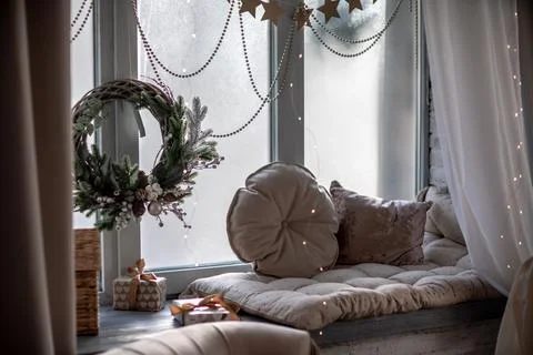 Window sill with New Year's elements - Christmas trees, decorations. Stock Photos