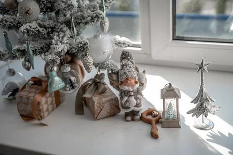 Window sill with New Year's elements - Christmas trees, decorations, Christmas Stock Photos