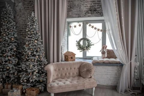 Window sill with New Year's elements - Christmas trees, decorations, Christmas Stock Photos
