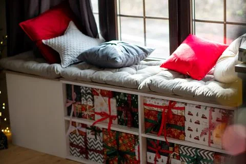 Window sill with New Year's elements - Christmas trees, decorations, Christmas 스톡 사진