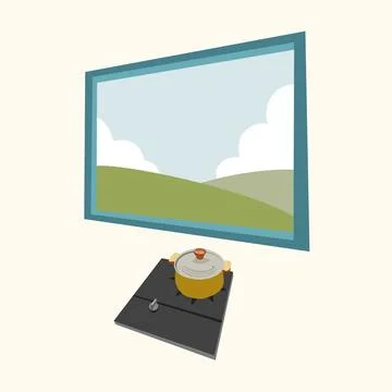 A window with sky view with a pot on burner stove on the table viewed from the i イラスト素材