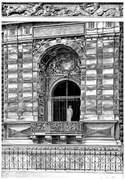 Window of the small gallery on the Quai du Louvre, vintage engraving. Stock Illustration
