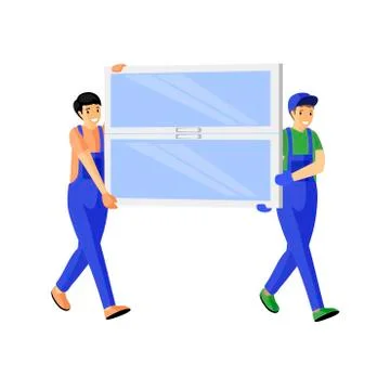 Window store couriers flat vector illustration. Cheerful deliverymen carrying Stock Illustration