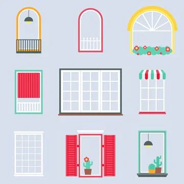 Window Styles with Balcony Shutters Cactus and Pendant Light Flat Set Stock Illustration