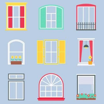 Window Styles with Balcony Shutters Curtains and Pendant Light Flat Set Stock Illustration