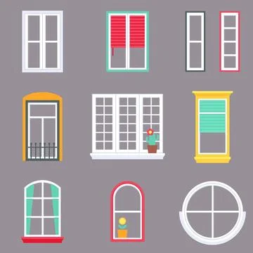 Window Styles with Colorful Frames Blinds and Cactus Flat Set Stock Illustration