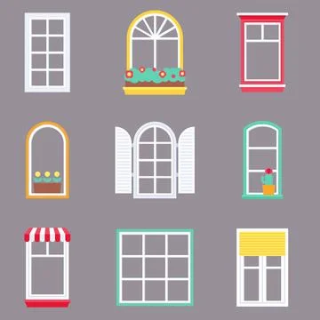 Window Styles with Flower Boxes Shutters Awning and Cactus Flat Set Stock Illustration