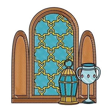 Window of temple with lamp and chalice Stock Illustration