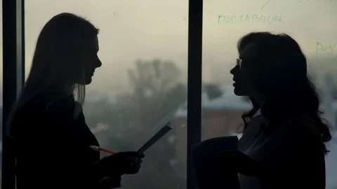 By the window there are two silhouettes of women with papers in hand Vídeos de archivo 73305428