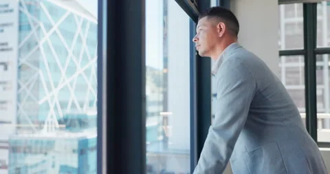 Window, thinking and business with ideas, man and solution with problem solving Stock Footage 253999734