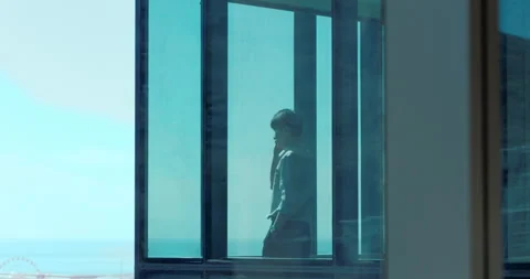 Window, thinking and businessman with phone call, view and realtor with Stock Footage 331456093
