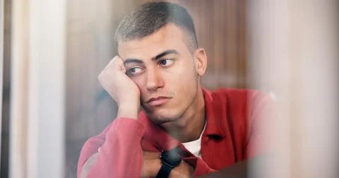 Window, thinking and man with depression, mental health and remember memory.. Stock Photos