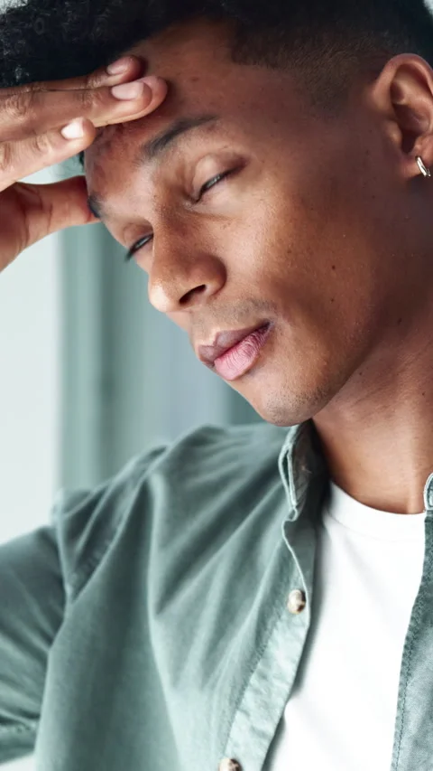 Window, thinking and man with stress, headache and panic attack with mental Stock Footage 301254753