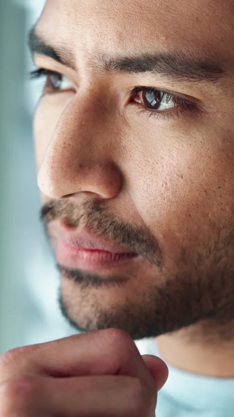 Window, thinking and man with stress, nervous and panic attack with breakdown Stock Footage 301254852