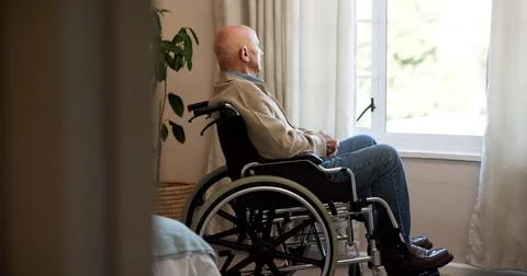 Window, thinking and old man in wheelchair, retirement and patient in nursing Stock Photos
