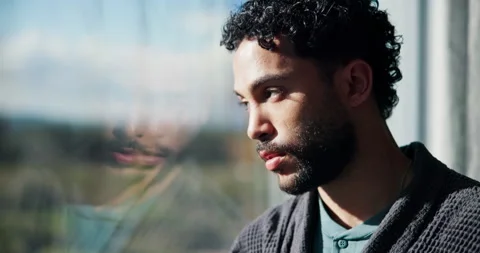 Window, thinking and sad man with depression, mental health or remember memory Stock Footage 335190206