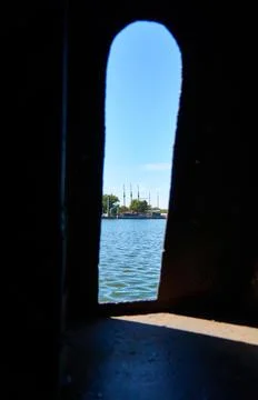 Window on the upper deck on the submarine. Foto stock