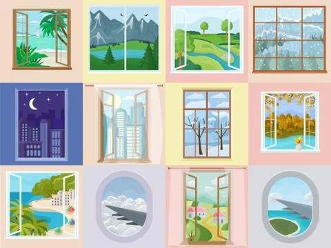 Window vector home interior design with beautiful view on mountain sea beach Illustrazione stock