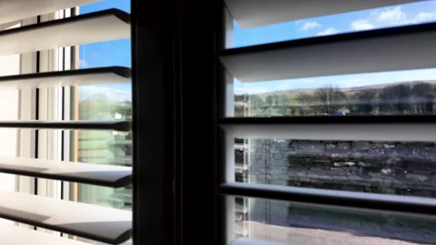 Window View And Countryside Serenity Close Up Of Window Shutters Vidéo 333373700