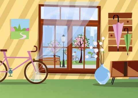 Window with view of blooming trees in city park. Spring warm interior with bi Stock Illustration