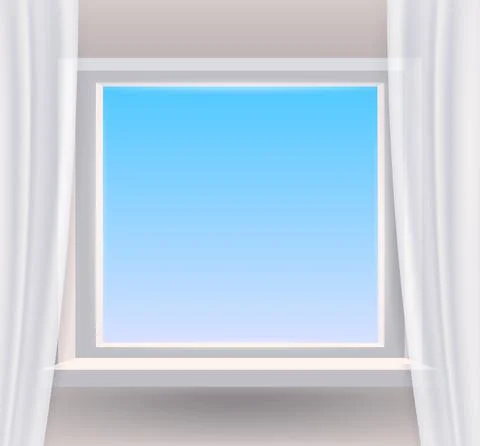 Window, view on blue sky, spring, interior, curtains. Vector illustration Stock Illustration