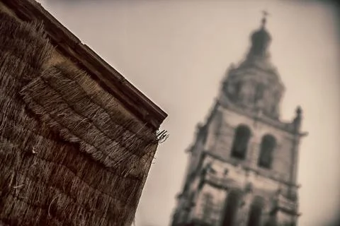 Window View with Blurred Gothic Structure and Potted Plants in HDR Stock Photos