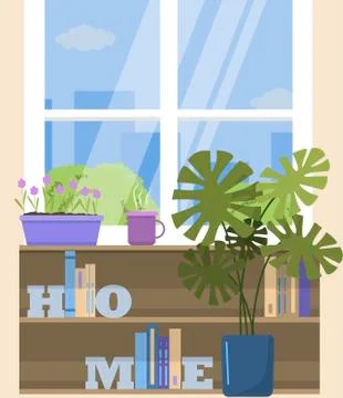 Window with a view of the city, with a flower on the windowsill and a Cup of Stock Illustration