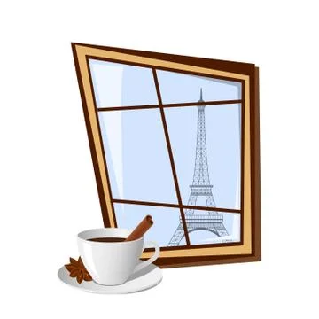 Window with view on Eiffel tower Stock Illustration