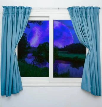 Window view of the full moon view from the window night landscape large mo... Stock Photos