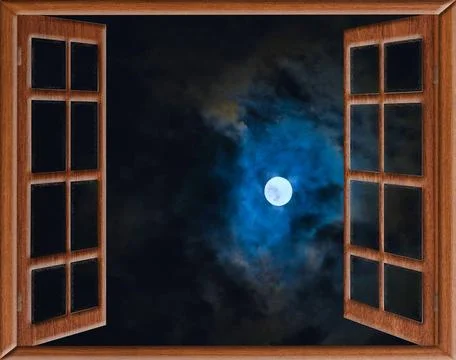 Window view of the full moon view from the window night landscape large mo... Stock Photos