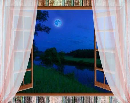 Window view of the full moon view from the window night landscape large mo... Stock Photos