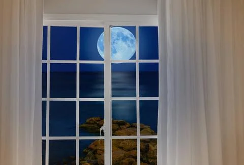 Window view of the full moon view from the window night landscape large mo... Stock Photos